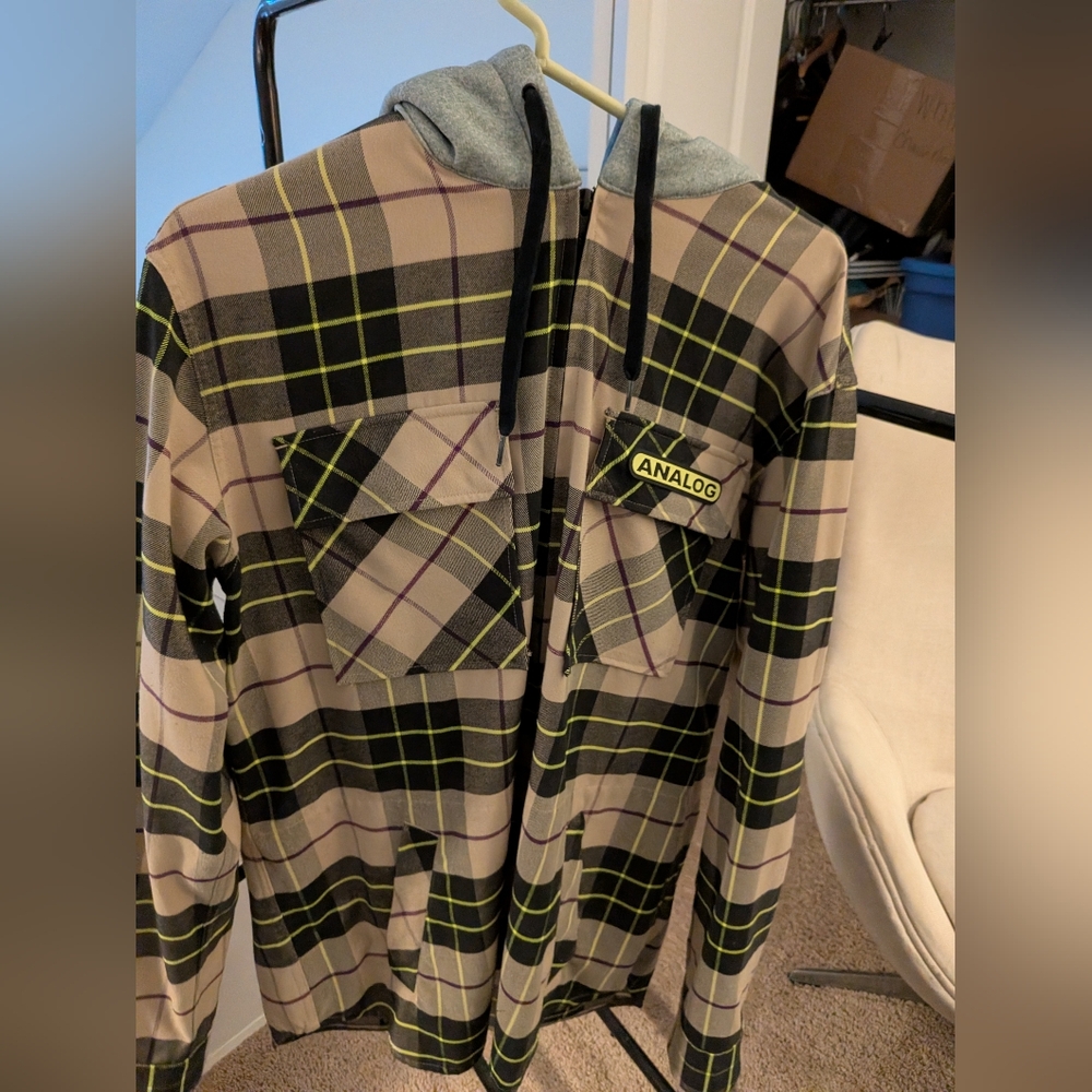 Analog Men’s Plaid Zip-Up Flannel Hoodie Jacket Tan Neon Yellow Large